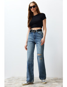 Trendyol Blue More Sustainable Ripped High Waist Wide Leg Jeans