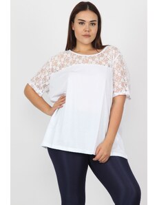 Şans Women's Plus Size White Cotton Blouse with Lace Detail