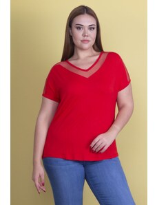 Şans Women's Plus Size Red Viscose Blouse With Collar And Sleeves And Tulle Detail