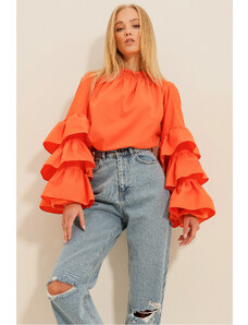 Trend Alaçatı Stili Women's Orange Turtleneck Sleeve Flounce Woven Blouse