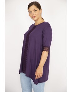 Şans Women's Damson Plus Size Lace Sleeves And Middle Front Blouse