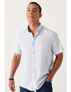Avva Men's Blue Buttoned Collar 100% Cotton Thin Short Sleeve Regular Fit Shirt