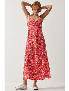 Happiness İstanbul Women's Red Strap Patterned Viscose Dress