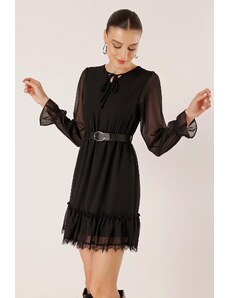 By Saygı Lace Chiffon Dress With Tie Collar Waist Belt Lined Skirt