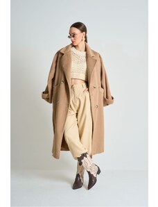 Laluvia Camel Double Breasted Collar Button Detailed Belted Coat