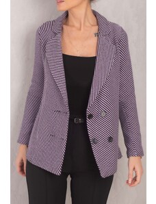 armonika Women's Lilac Stripe Patterned Four-Button Cashmere Jacket
