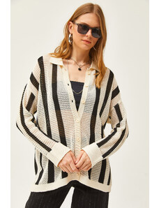 Olalook Women's White Black Striped Openwork Seasonal Shirt GML-9001172