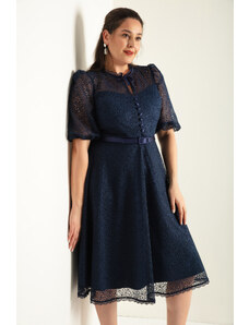 Lafaba Women's Navy Blue Lace Plus Size Midi Evening Dress