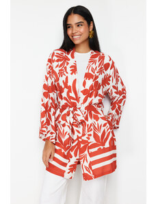 Trendyol Red Floral Patterned Kimono & Kaftan with Tie Detail and Pockets