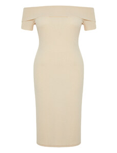Trendyol Curve Beige Fitted/Fitted Carmen Collar Ribbed Soft Textured Midi Flexible Knitted Dress