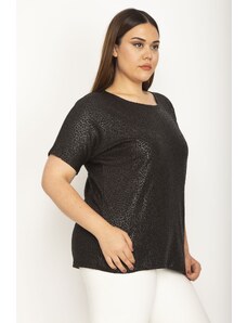 Şans Women's Plus Size Black Flocked Fabric Self Patterned Low Sleeve Blouse