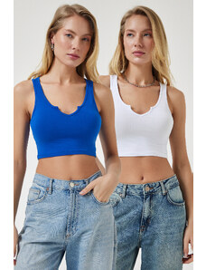 Happiness İstanbul Women's Cobalt Blue White Strappy 2-Pack Crop Knitted Blouse