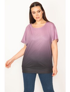 Şans Women's Plus Size Lilac Tie-Dye Patterned Low-Sleeve Blouse with a Banded Hem.