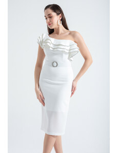 Lafaba Women's White One-Shoulder Frilly Midi Evening Dress