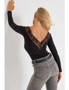 Cool & Sexy Women's Black Lace Detailed V-Neck Blouse