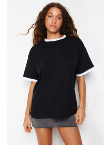 Trendyol Black 100% Cotton Contrast Collar and Stripe Detailed Oversize/Relaxed Cut Knitted T-Shirt