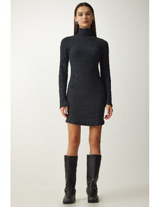 Happiness İstanbul Women's Anthracite Turtleneck Ribbed Knitted Dress