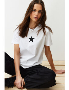 Trendyol White 100% Cotton Star Printed Regular/Regular Fit Crew Neck Knitted T-Shirt