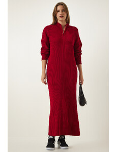 Happiness İstanbul Women's Red Zipper Collar Ribbed Long Knitwear Dress