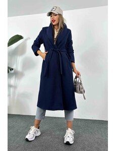 Laluvia Navy Belted Inner Lined Pocket Detailed Cachet Coat