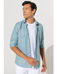 AC&Co / Altınyıldız Classics Men's Green-Navy Blue Slim Fit Slim Fit Small Italian Collar 100% Cotton Striped Shirt