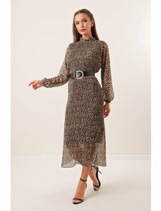 By Saygı Long Fully Pleated Lined Leopard Pattern Belted Chiffon Dress Brown