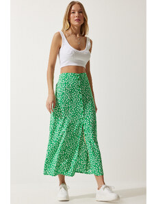 Happiness İstanbul Women's Green Patterned Slit Viscose Skirt