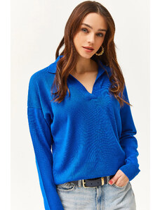 Olalook Women's Saxe Blue Polo Neck Thin Knitwear Sweater