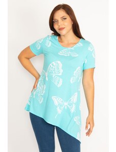 Şans Women's Plus Size Blue Butterfly Print Blouse