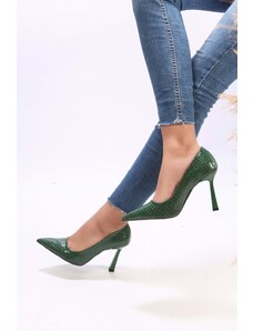Shoeberry Women's Plexi Green Crocodile Patent Leather Heeled Shoes Stiletto