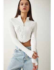 Happiness İstanbul Women's White Zipper Turtleneck Crop Knitted Blouse