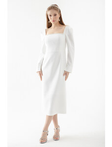 Lafaba Women's White Square Neck Pearl Midi Evening Dress