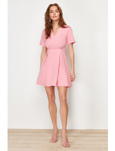 Trendyol Pink Belted Waist Opening Mini Woven Short Sleeve Dress