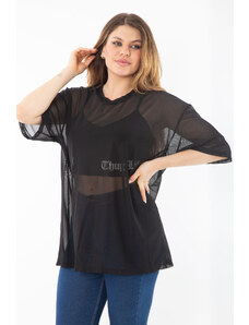 Şans Women's Plus Size Black Inner Scalpel Tulle Blouse