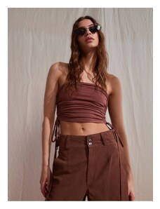 Dilvin 20680 Strapless Crop Top with Smocking at the Sides-Brown