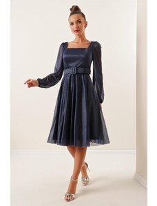 By Saygı Square Collar Belted Balloon Sleeve Lined Glitter Dress