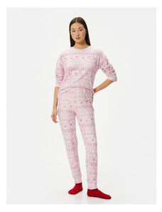 Koton New Year's Themed Pajama Set Long Sleeve Crew Neck