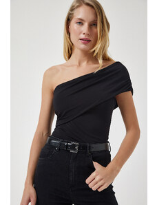 Happiness İstanbul Women's Black One-Shoulder Gathered Knitted Blouse
