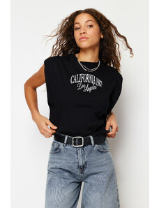 Trendyol Black 100% Cotton Slogan Printed Regular/Regular Fit Crew Neck Knitted T-Shirt
