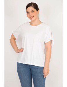 Şans Women's White Plus Size Cotton Fabric Sleeve Laced Blouse