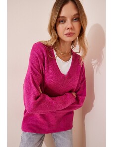 Happiness İstanbul Women's Pink V-Neck Oversize Knitwear Sweater
