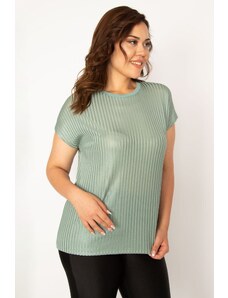 Şans Women's Plus Size Green Striped Flush Knitted Blouse