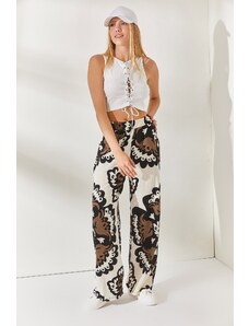 Olalook Mink Stone Waist Elastic Waist, Pocket Patterned Palazzo Pants