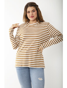 Şans Women's Large Size Brown Long Sleeve Striped Blouse