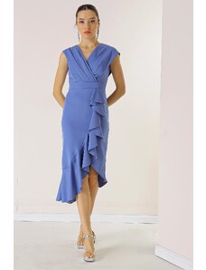 By Saygı Double Breasted Collar Front Flounce Lined Crepe Dress