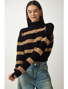 Happiness İstanbul Women's Black Biscuit High Neck Striped Knitwear Sweater