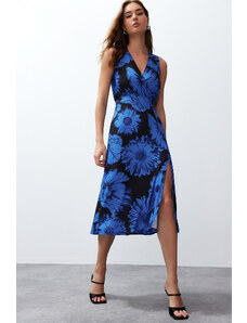 Trendyol Blue Patterned Gathered Double Breasted V Neck Flexible Knitted Midi Dress