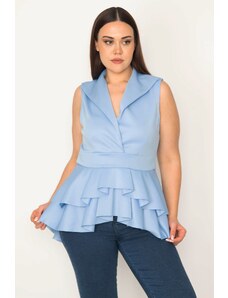 Şans Women's Plus Size Blue Wrapover Collar Satin Tunic