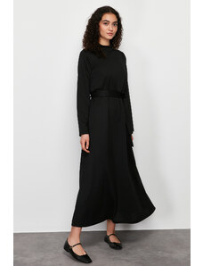 Trendyol Black Stand Collar Straight Belted Knitted Dress