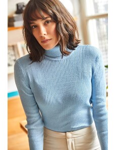 Olalook Women's Baby Blue Full Turtleneck Corduroy Lycra Knitwear Sweater